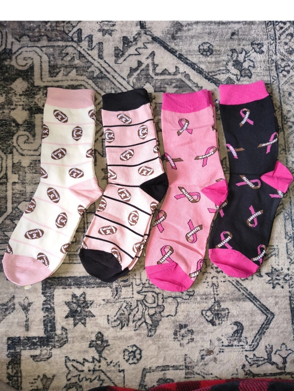 Breast Cancer Awareness Socks with Football Design Women's Size 5-10 Pink Ribbon